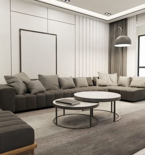 Brown-gray sectional sofa in a bright contemporary living room.