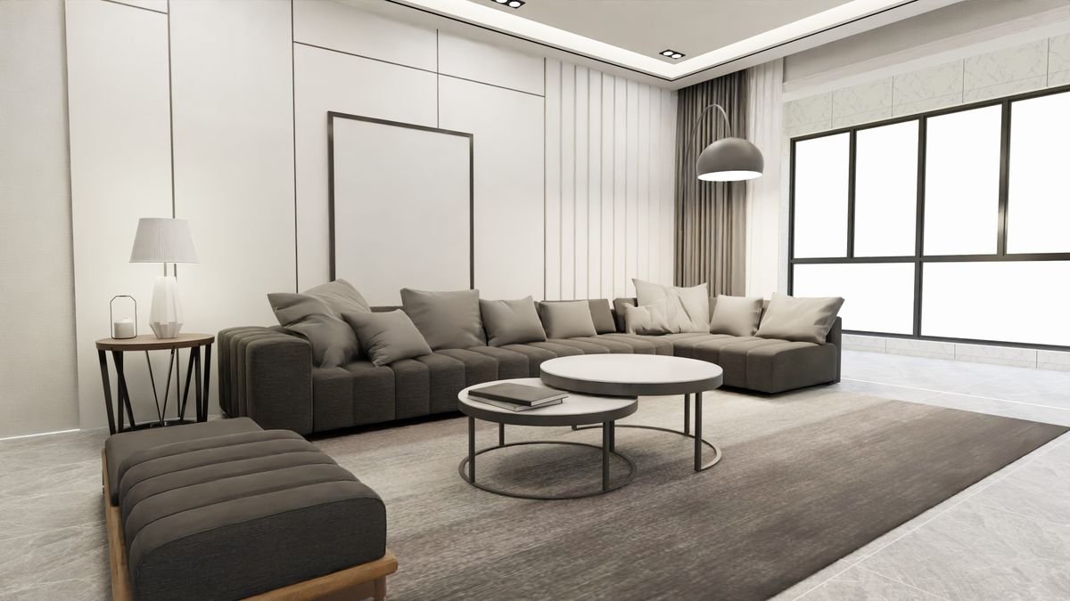 Brown-gray sectional sofa in a bright contemporary living room.