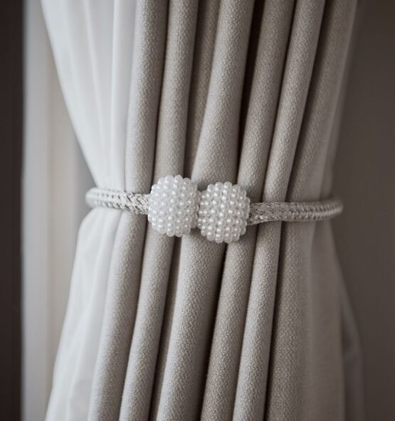 Close-up of gray pleated drapes held with a pearl-style tieback.