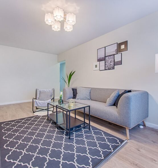 Gray fabric three-seat sofa with cushions in a modern living room.
