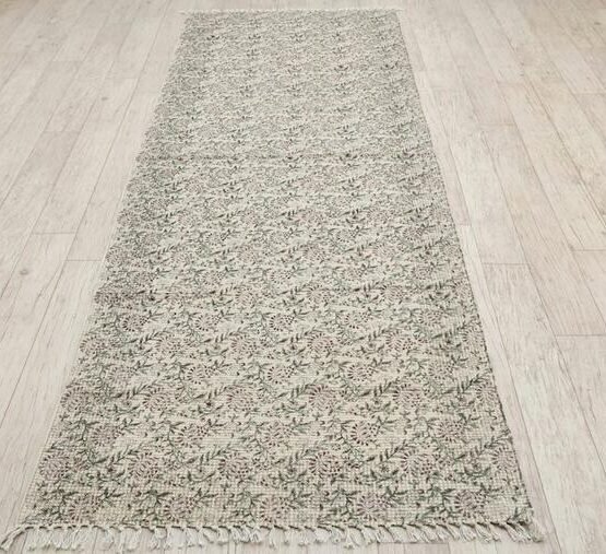 Pale floral-patterned runner rug on a light wood floor.