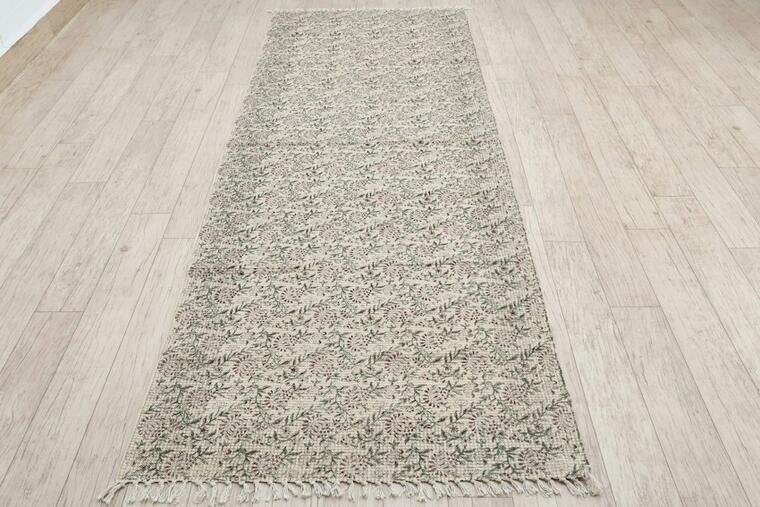 Pale floral-patterned runner rug on a light wood floor.