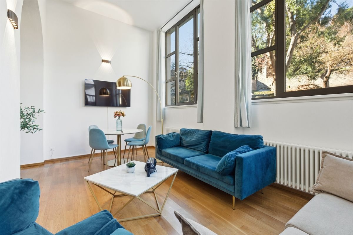 Blue velvet sofa beside a window in a bright living room.