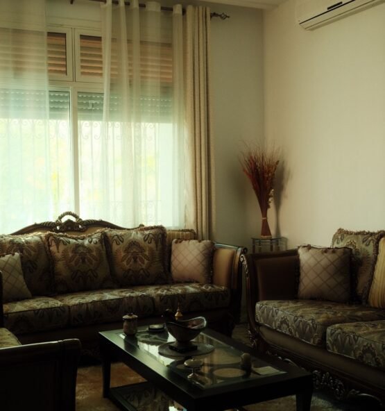 Dark tufted sofa set in a traditional living room.